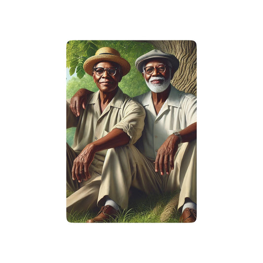 Queer Black elders, 1920s rural Iowa, Grant Wood-inspired art, vintage poker deck, LGBTQ+ love and history.