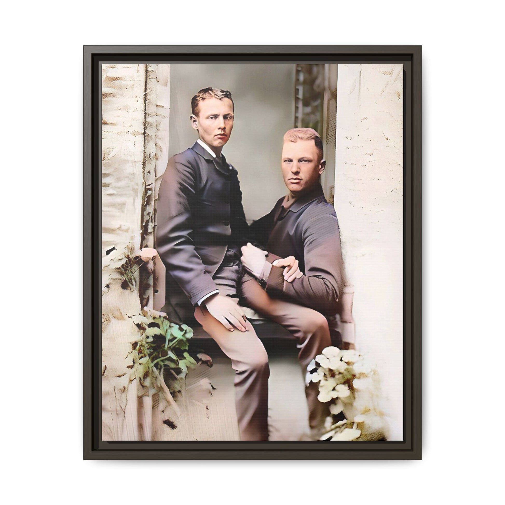 Restored vintage photo of Albert & Harold in tender embrace, Austin TX gay couple, framed art