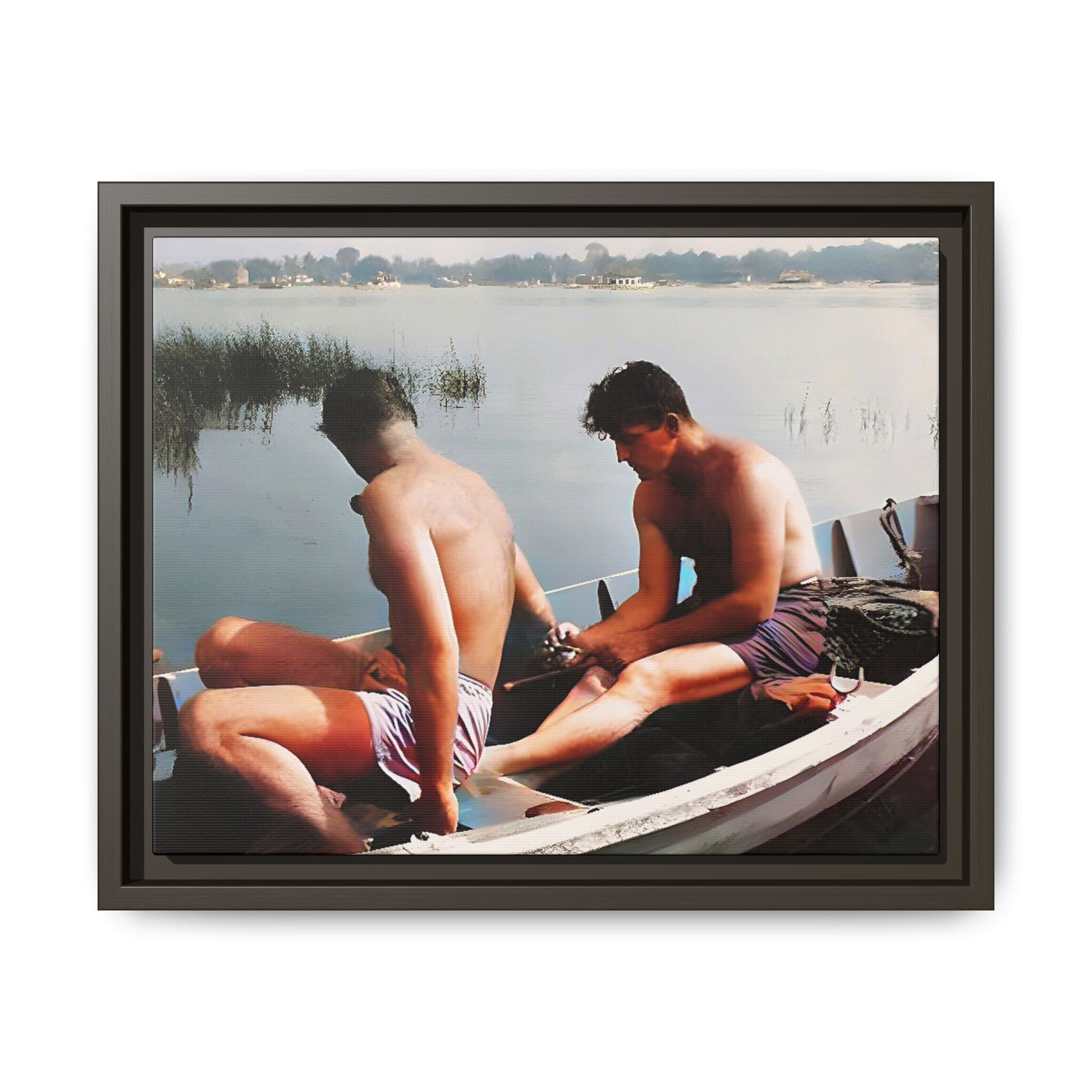 A restored vintage photo of Ned & Marty in a boat at Cape May, New Jersey. This framed matte canvas captures a serene LGBTQ+ love story, offering a nostalgic and timeless nautical scene perfect for collectors and history enthusiasts. Gay Couple