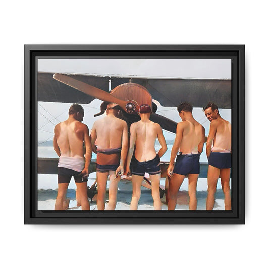 A beautifully restored vintage photograph of five men standing on a sunlit Key West beach with a vintage aircraft in the background. This nostalgic canvas print captures coastal adventure, camaraderie, and the free spirit of aviation history. Men urinating