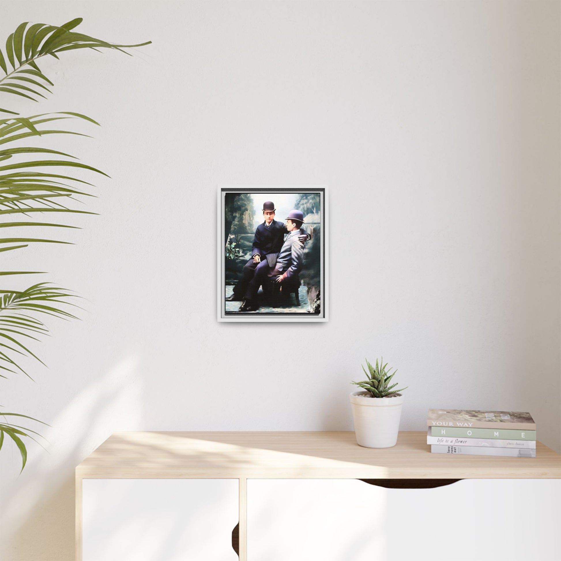 Restored 1800s photo of Cash & Arwood, Irish gay couple in loving pose, framed canvas print