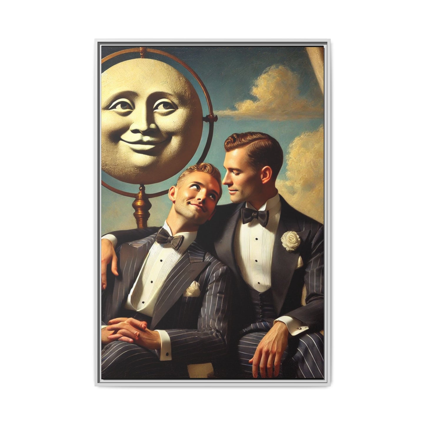Framed matte canvas portrait featuring two young men in vintage overalls with a crescent moon prop above them. This artwork from the Missing Art Studies series reclaims LGBTQ+ imagery that may have been lost to bias, presenting warmth, intimacy, and presence.