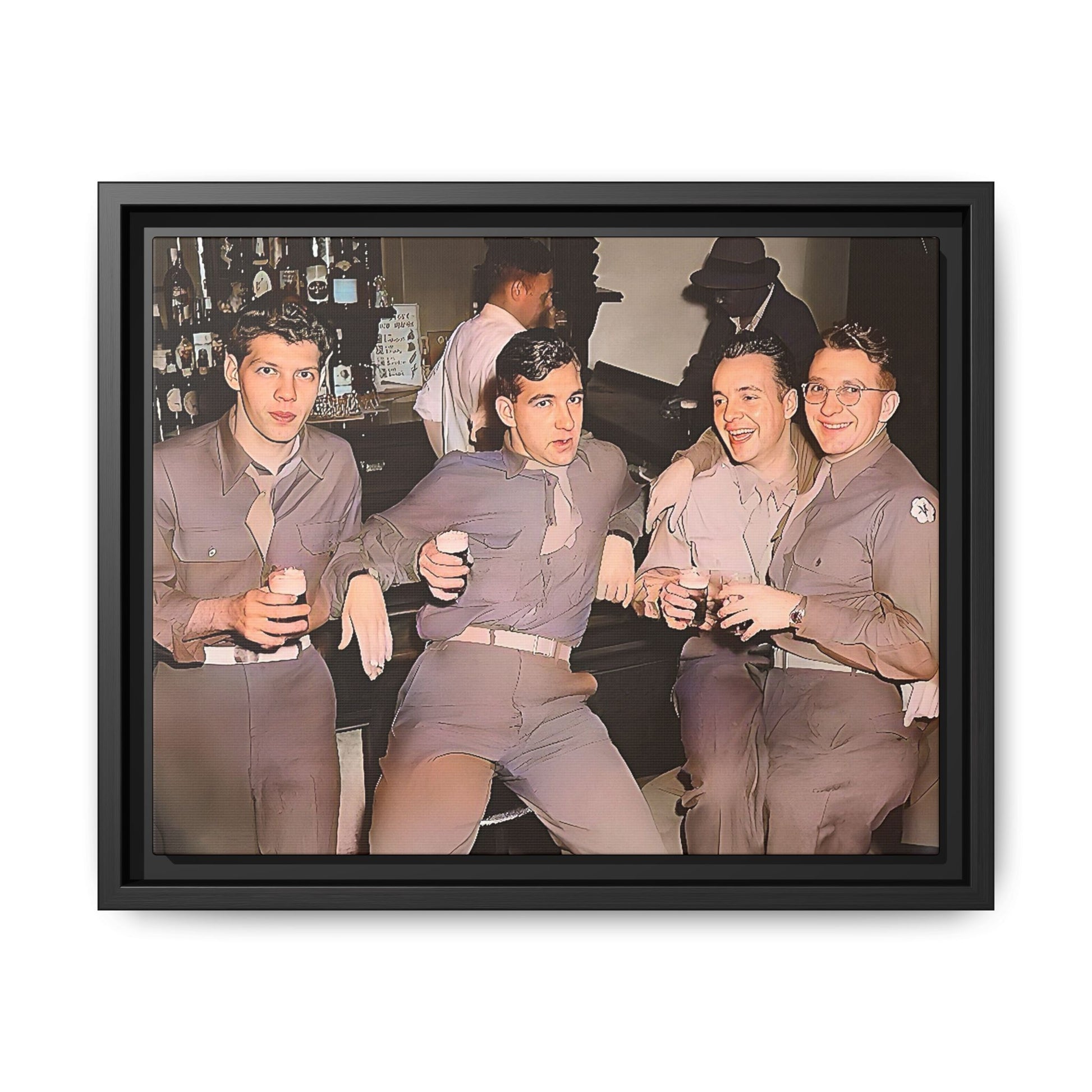 Restored vintage photograph of soldiers in uniform gathered at Jackson's gay bar in mid-20th century San Francisco. Framed matte canvas print celebrating camaraderie, resilience, and LGBTQ+ history