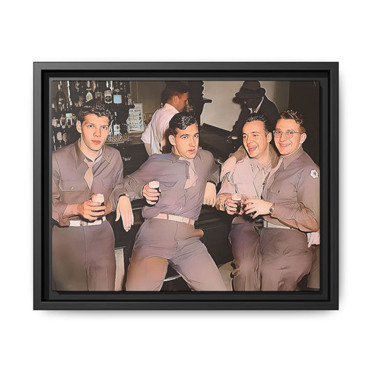 Restored vintage photograph of soldiers in uniform gathered at Jackson's gay bar in mid-20th century San Francisco. Framed matte canvas print celebrating camaraderie, resilience, and LGBTQ+ history