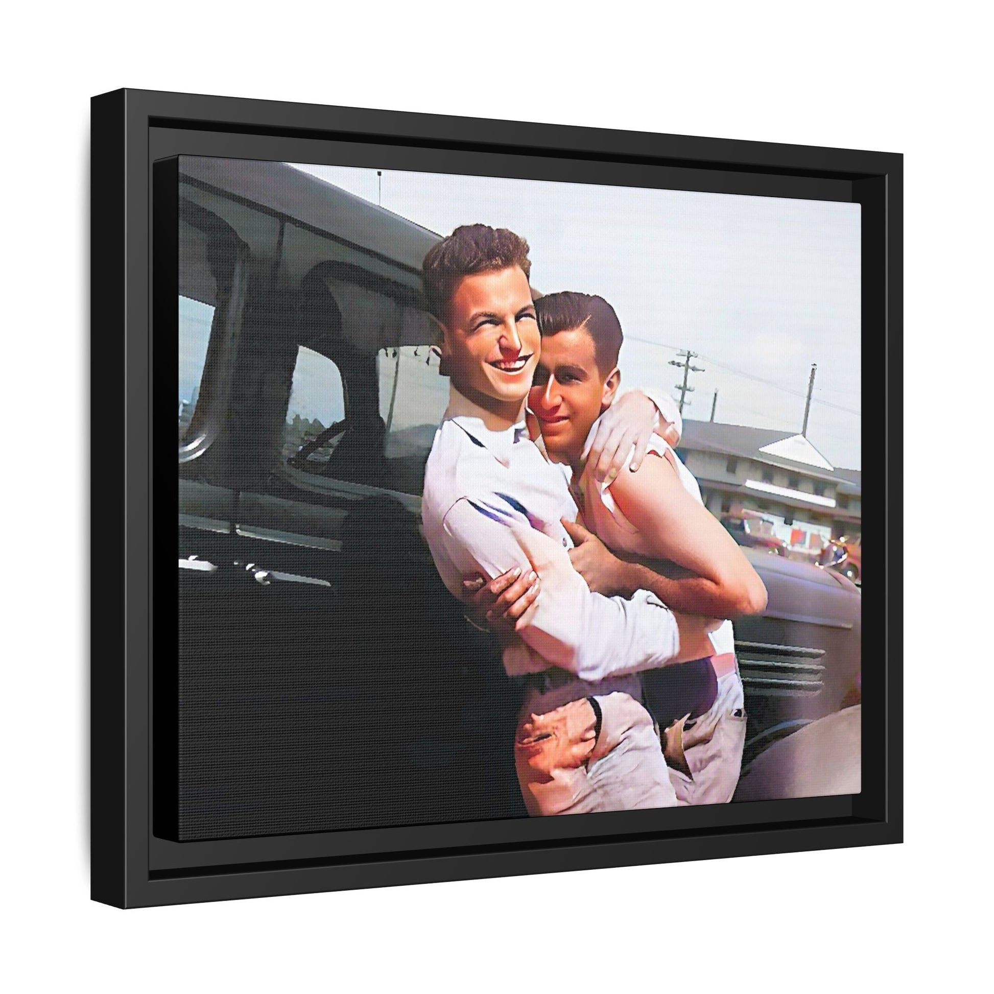 A framed vintage love portrait on matte canvas featuring Henry and Raymond in Peoria, Illinois, capturing timeless LGBTQ+ connection and joy. Gay Couple