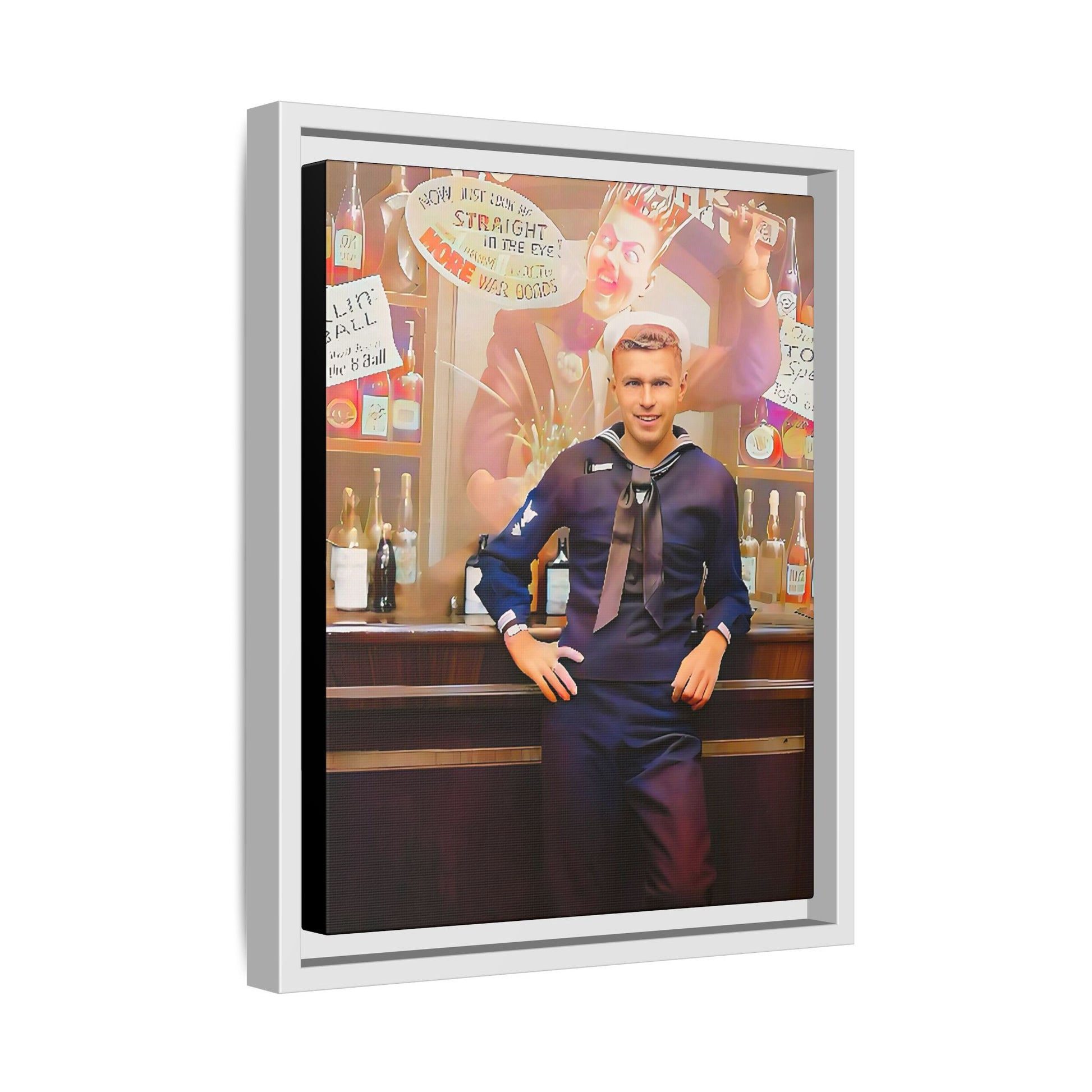 A restored WWII-era portrait of Charles at Brooklyn Navy Yard, New York. This framed matte canvas print captures the resilience and camaraderie of wartime sailors, featuring vintage war bond advertisements and classic Navy charm.