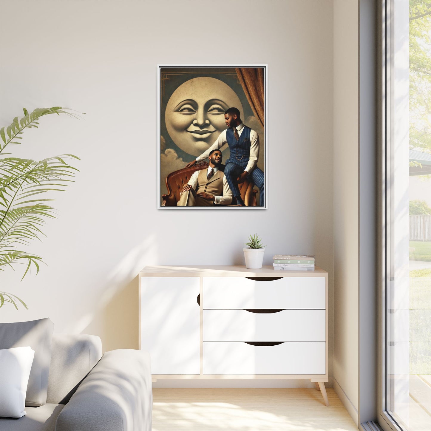 An elegant portrait of two Black men in vintage suits, seated affectionately beneath a smiling full moon. This 1920s-inspired artwork reclaims lost LGBTQ history, honoring Black queer love through style, softness, and resilience.