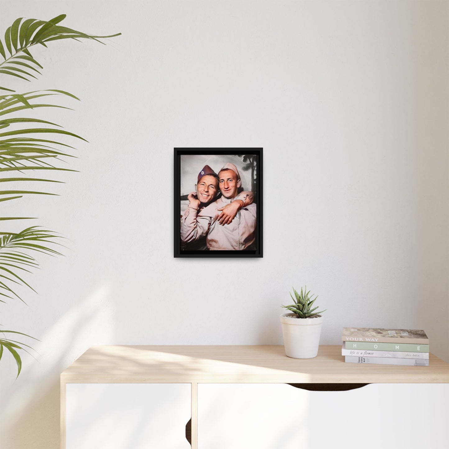 A framed vintage photo on matte canvas featuring a heartfelt portrait of a military couple at Fort Jackson, South Carolina, celebrating love and resilience in history.
