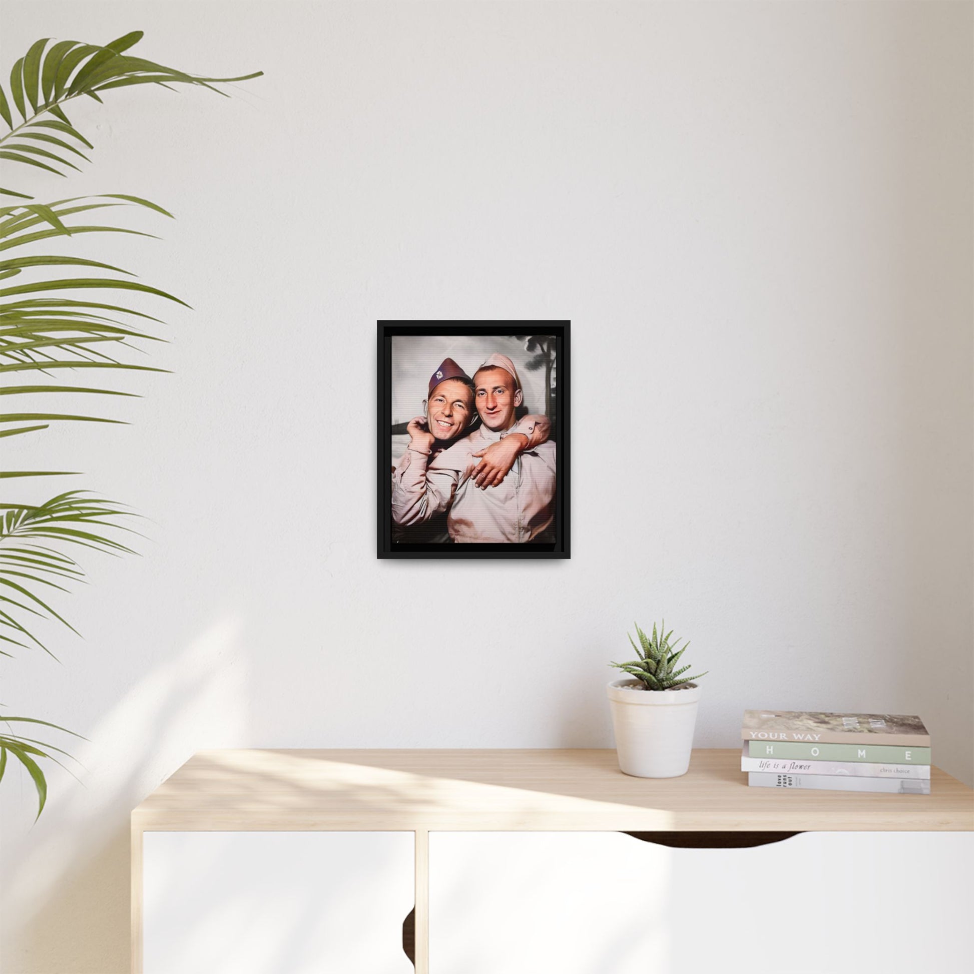 A framed vintage photo on matte canvas featuring a heartfelt portrait of a military couple at Fort Jackson, South Carolina, celebrating love and resilience in history.