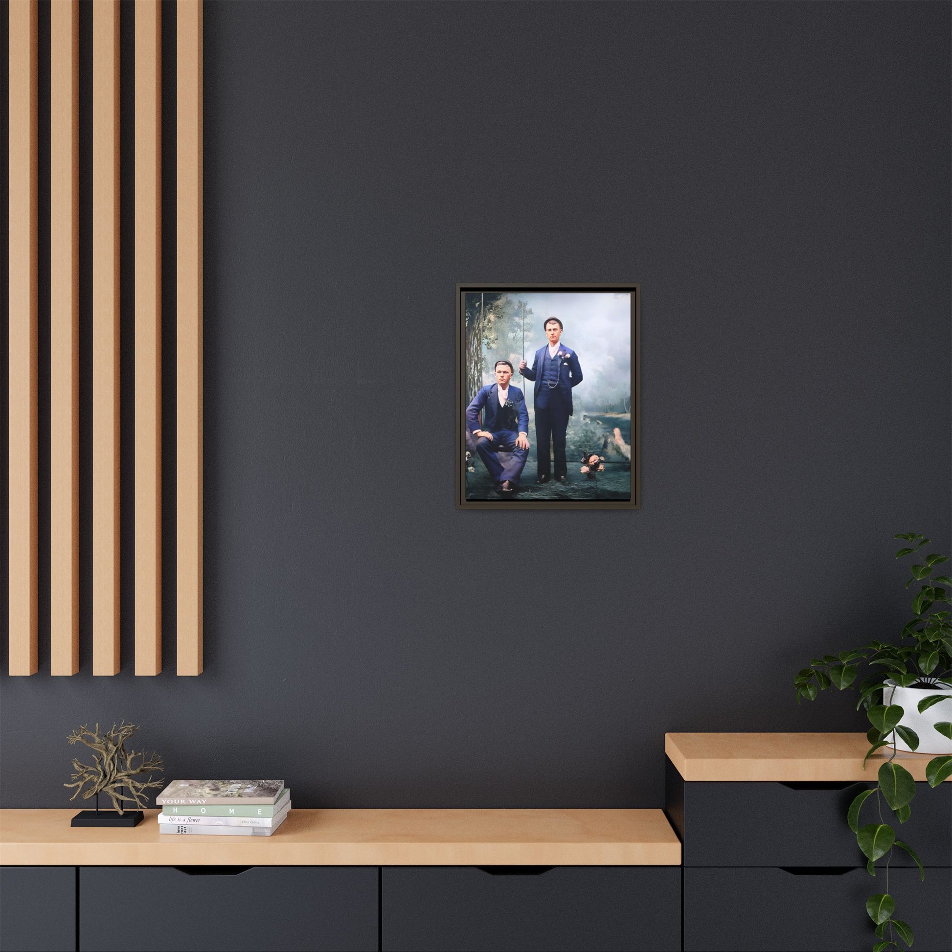 A restored vintage portrait of David & Earnest in Monongahela City, Pennsylvania. This framed matte canvas honors LGBTQ+ history, elegance, and enduring love. Gay Couple