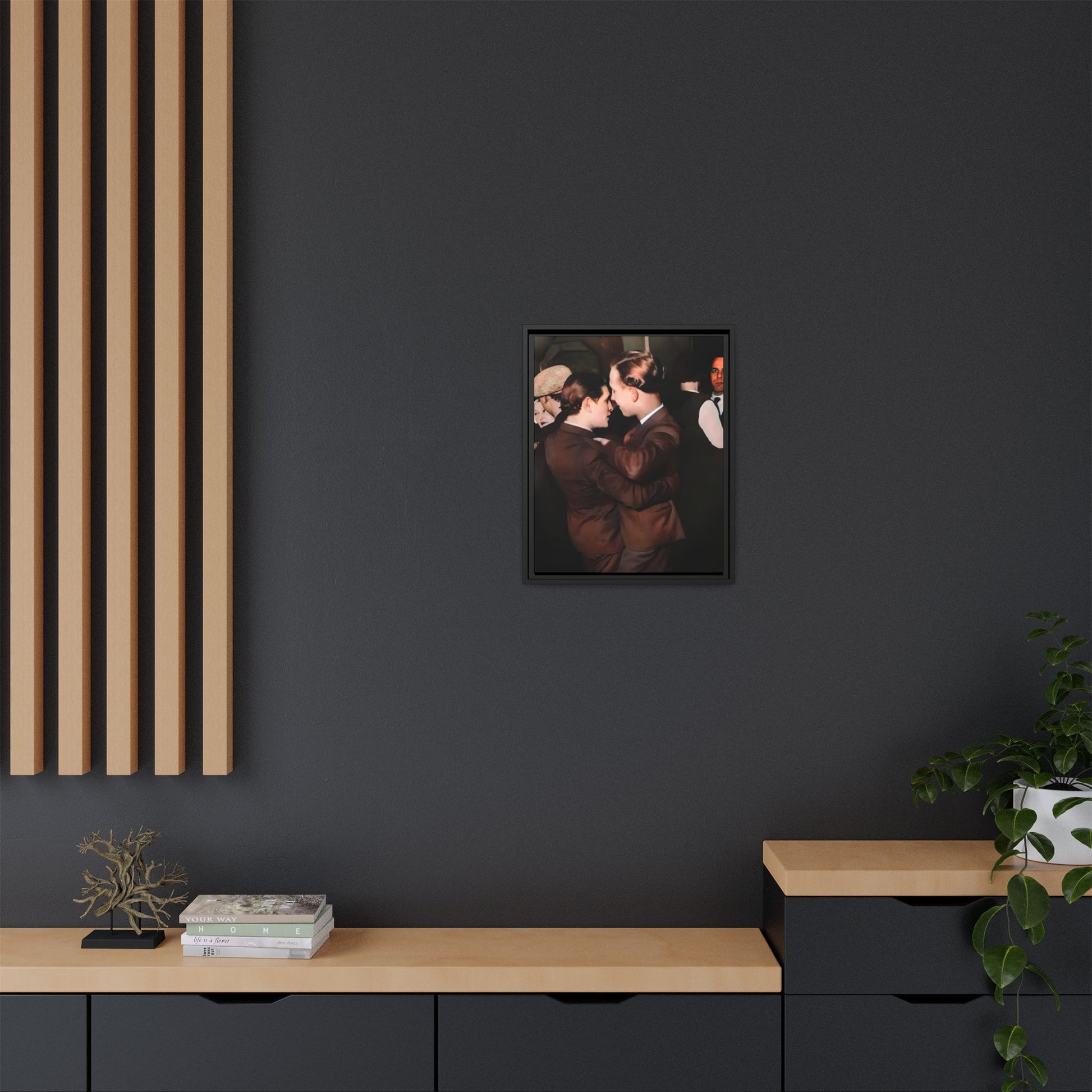 Vintage Gay dance portrait of Bernard & Leroy at an Atlanta soirée. Their embrace reflects timeless love and authenticity. A framed matte canvas print celebrating history, romance, and the elegance of shared moments.
