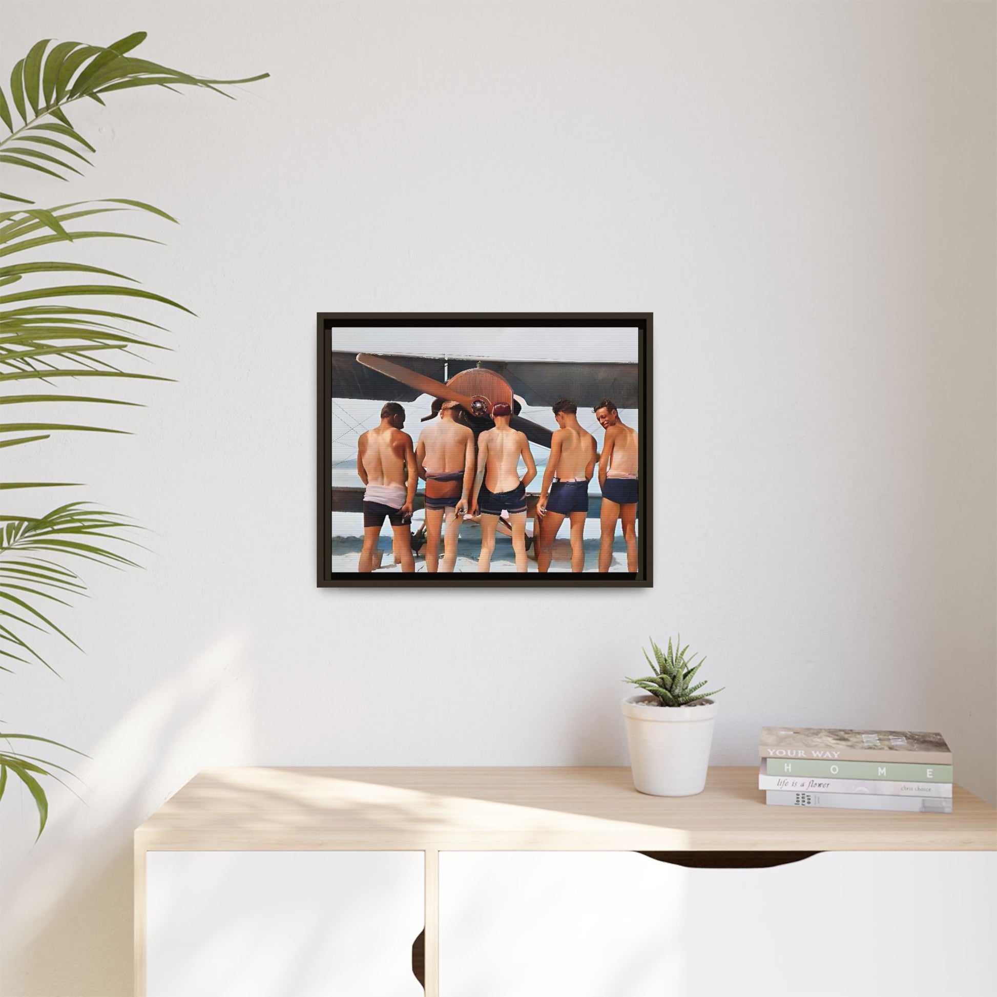 A beautifully restored vintage photograph of five men standing on a sunlit Key West beach with a vintage aircraft in the background. This nostalgic canvas print captures coastal adventure, camaraderie, and the free spirit of aviation history. Men urinating