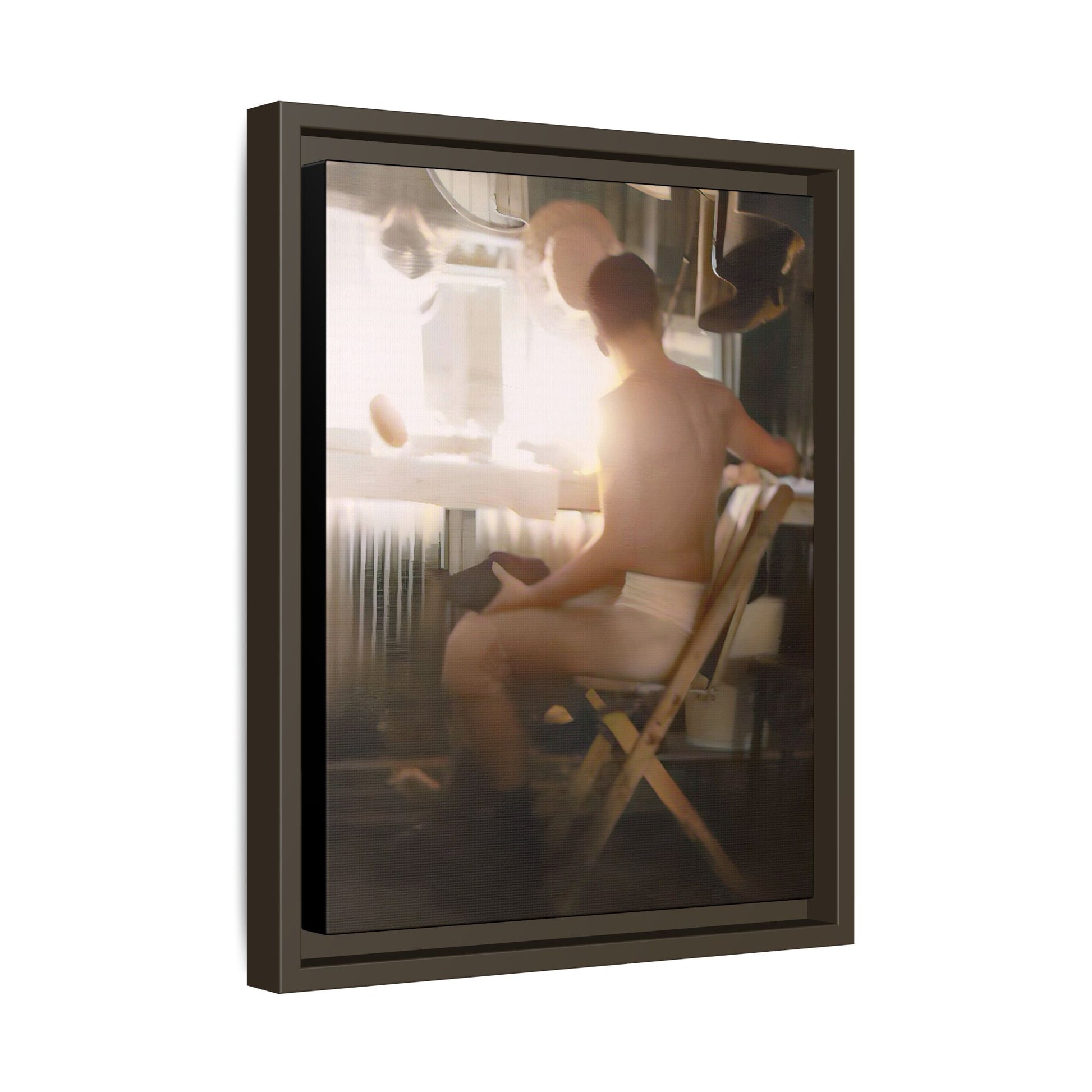 A vintage Hollywood portrait of Hugh in a backstage dressing room. This framed canvas print captures the elegance and mystique of old Hollywood, making it the perfect cinematic decor for film lovers and vintage photography collectors.
