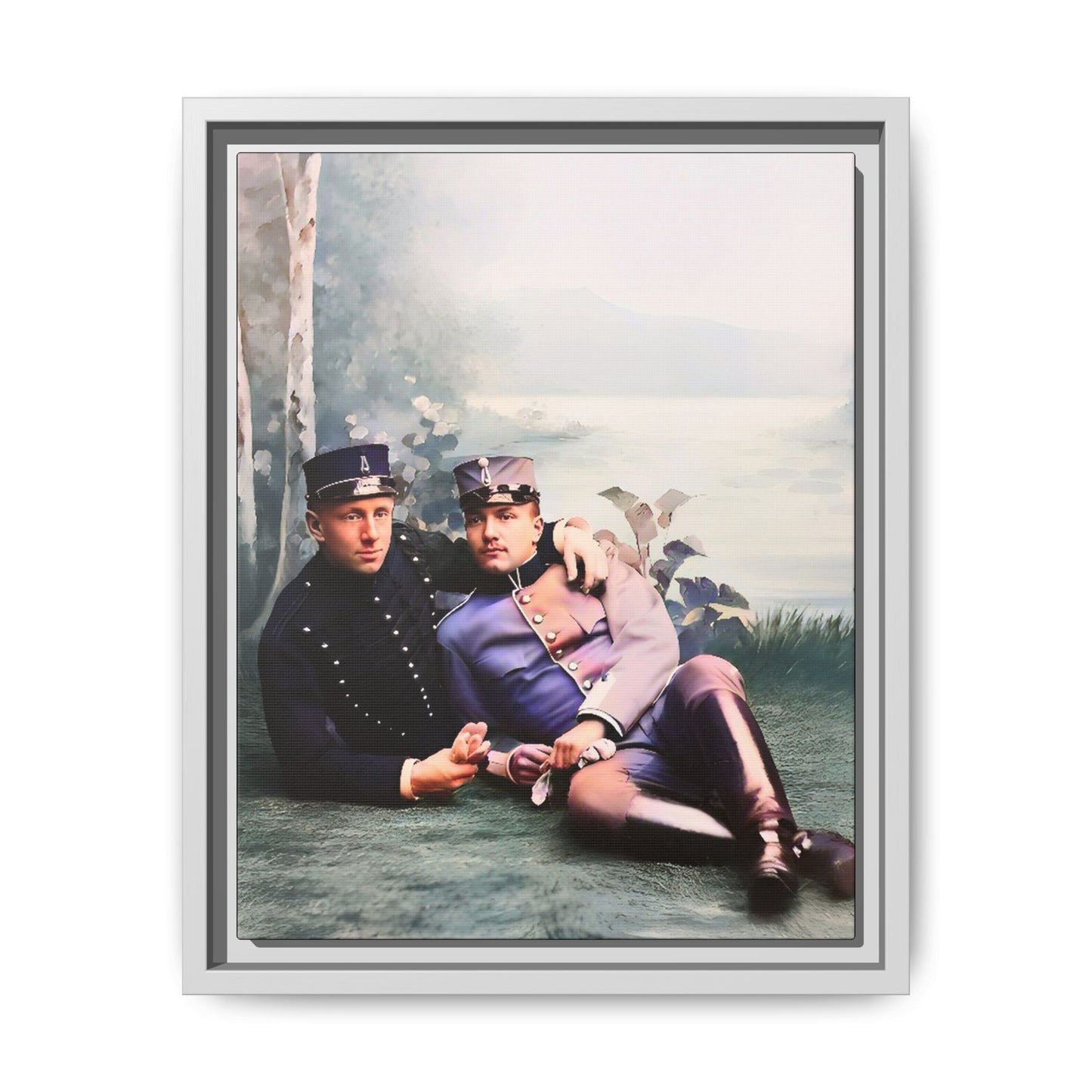 Restored early 1900s photo of Karl and Mats in Swedish military uniforms, reclining by a lakeside, celebrating LGBTQ+ love and history, framed as wall art. Gay Couple Vintage foto homosexuella par