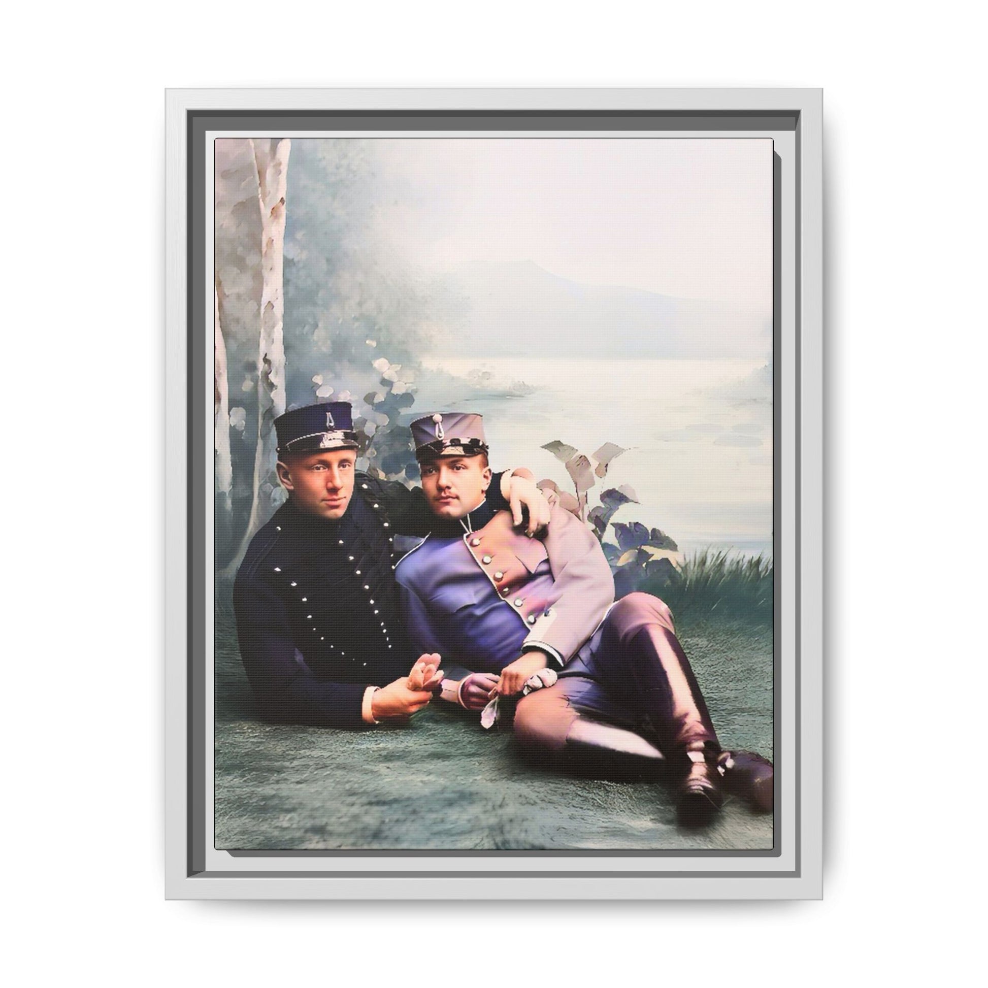 Restored early 1900s photo of Karl and Mats in Swedish military uniforms, reclining by a lakeside, celebrating LGBTQ+ love and history, framed as wall art. Gay Couple Vintage foto homosexuella par
