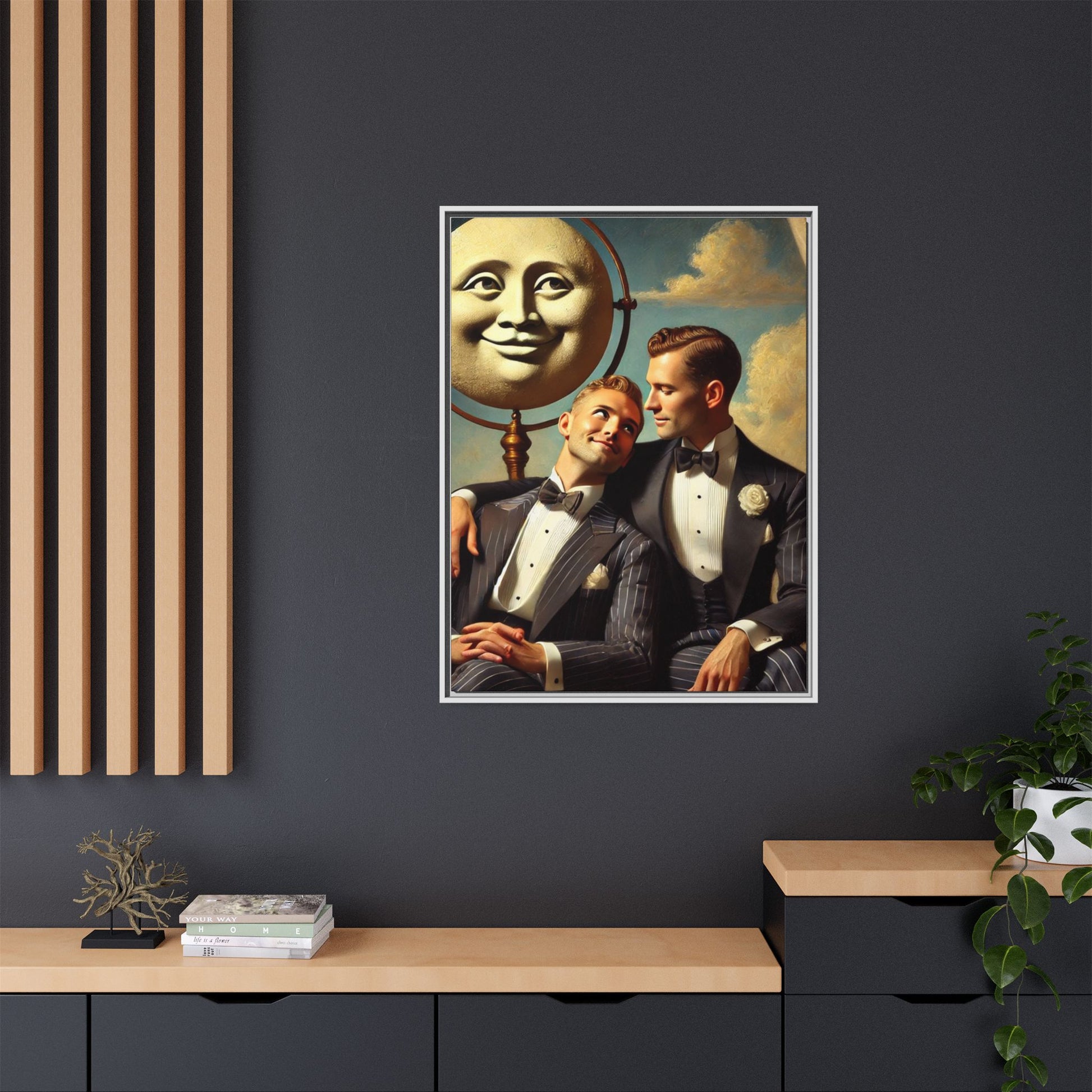 Framed matte canvas portrait featuring two young men in vintage overalls with a crescent moon prop above them. This artwork from the Missing Art Studies series reclaims LGBTQ+ imagery that may have been lost to bias, presenting warmth, intimacy, and presence.
