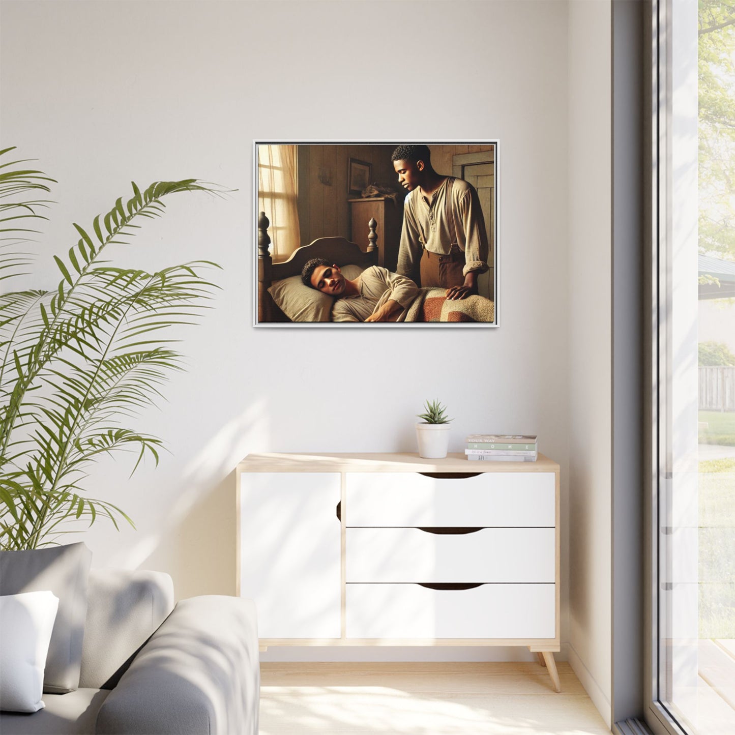 Grant 007 artwork depicting an African-American queer couple in a tender, intimate moment within a rustic bedroom. This scene, bathed in warm, nostalgic light, captures the love and quiet resilience of rural life, celebrating LGBTQ+ representation and African-American heritage.