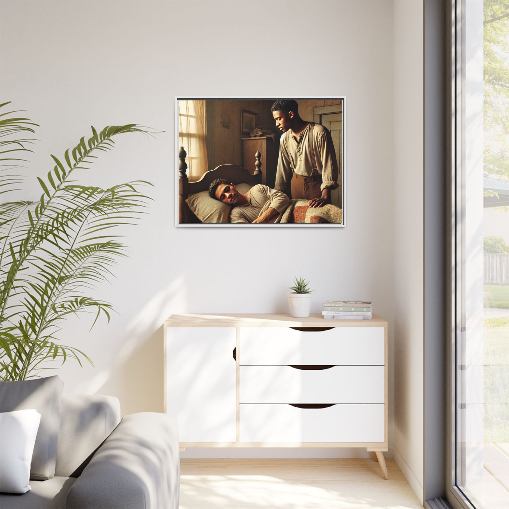 Grant 007 artwork depicting an African-American queer couple in a tender, intimate moment within a rustic bedroom. This scene, bathed in warm, nostalgic light, captures the love and quiet resilience of rural life, celebrating LGBTQ+ representation and African-American heritage.