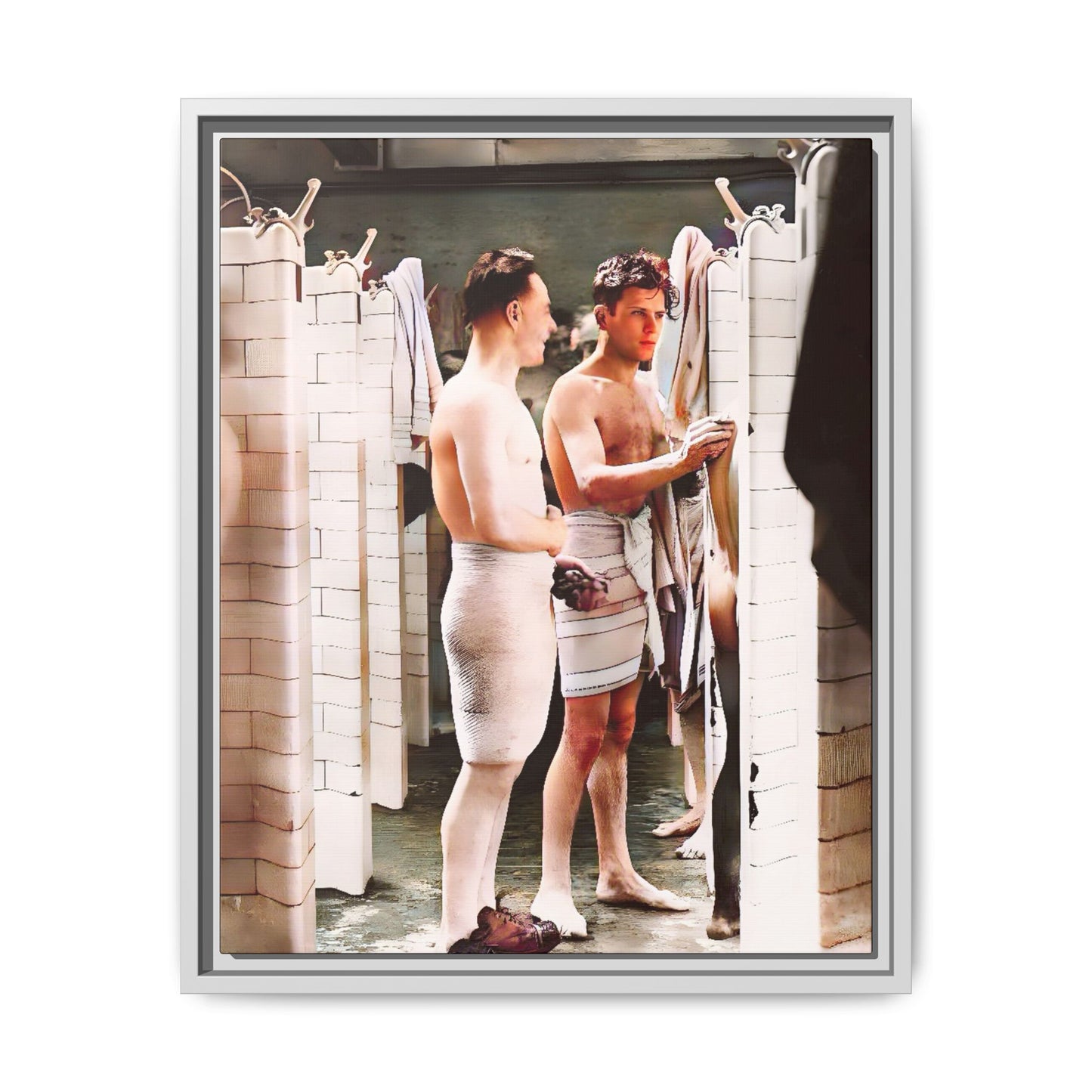 A restored and colorized vintage photo of Everard Baths in Manhattan, NYC. This framed matte canvas print celebrates LGBTQ+ history, capturing the spirit of camaraderie, liberation, and hidden stories from the past.
