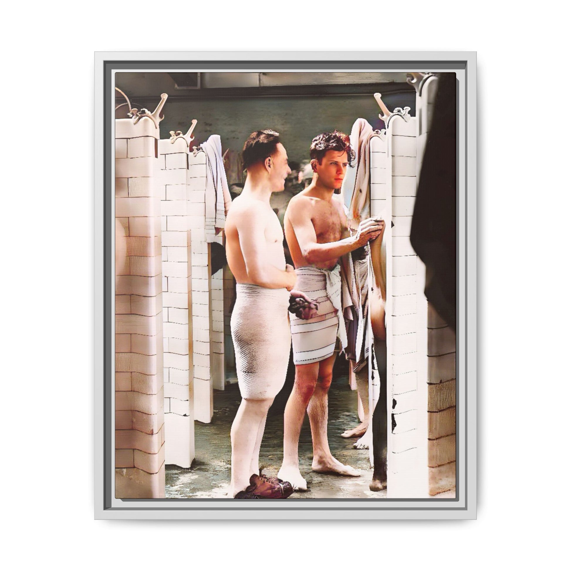 A restored and colorized vintage photo of Everard Baths in Manhattan, NYC. This framed matte canvas print celebrates LGBTQ+ history, capturing the spirit of camaraderie, liberation, and hidden stories from the past.