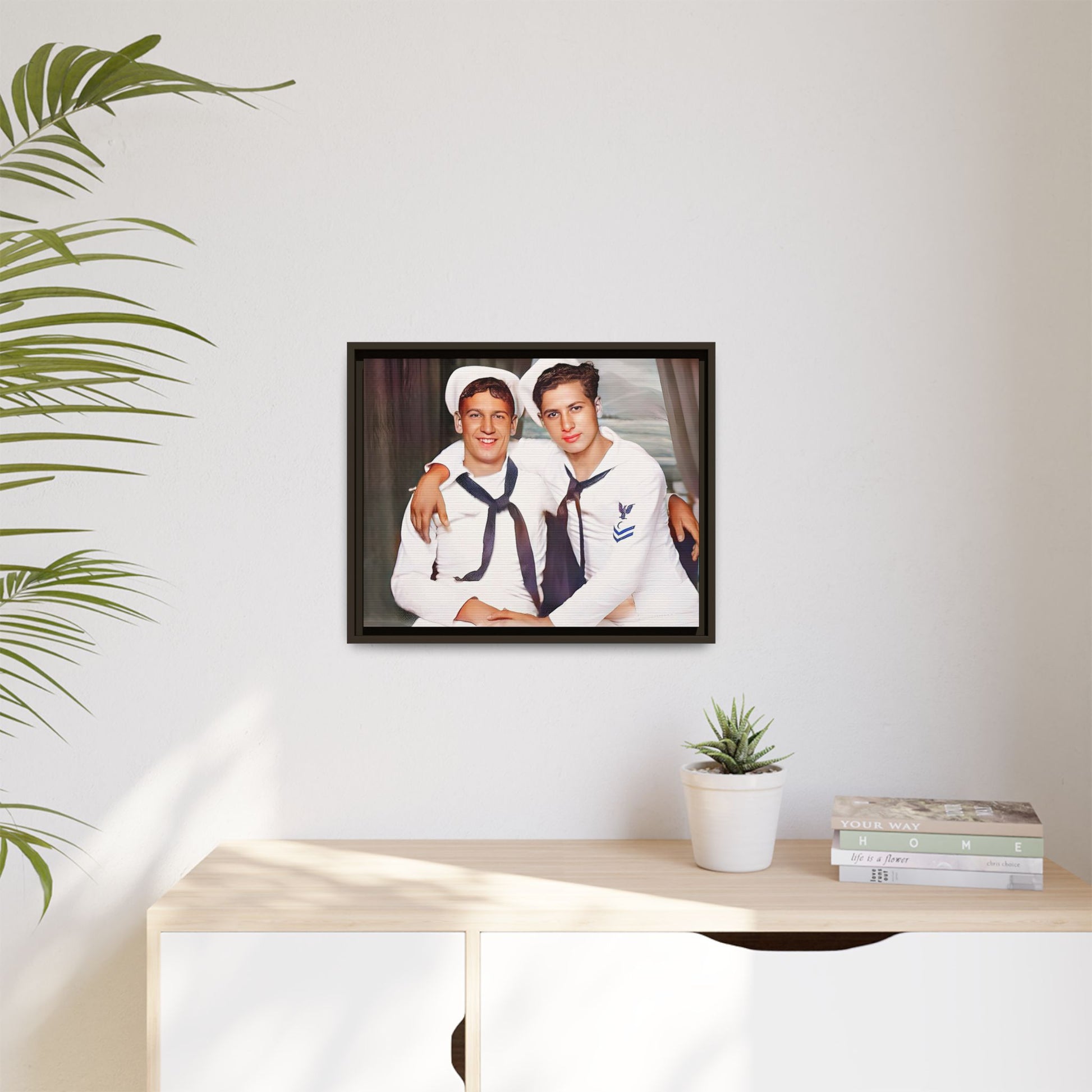 A restored vintage Navy portrait of Kenny and William at Fort Lee, Virginia. This framed matte canvas print honors military camaraderie, resilience, and LGBTQ+ history with a timeless tribute to friendship and love. Gay Couple Sailors Navy