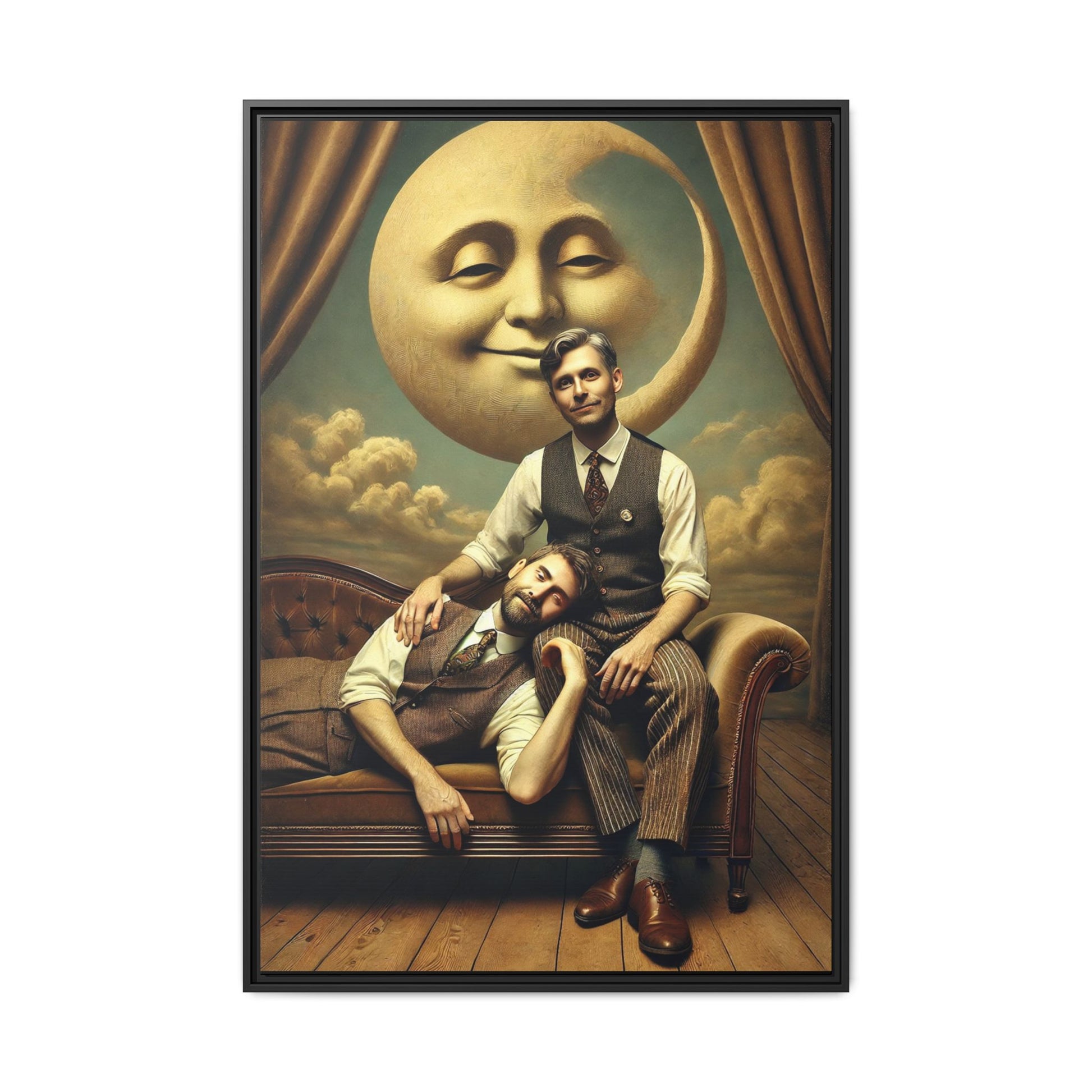 Vintage-style artwork of two men in 1920s clothing sitting close, one resting his head on the other’s lap beneath a smiling moon. Surrounded by theatrical curtains and clouds, this original piece honors lost queer love and challenges historical erasure with tenderness and pride.