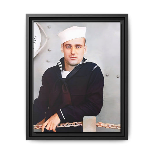 A restored vintage portrait of Francis aboard the USS Might. This framed matte canvas captures naval history, service, and timeless duty.