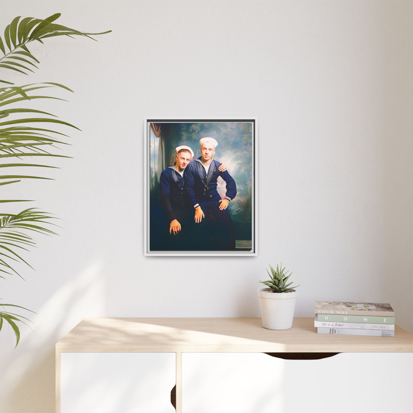 A restored vintage naval portrait of Thomas & Ervin at Naval Station Newport, Rhode Island. This framed matte canvas honors LGBTQ+ history, military service, and timeless camaraderie. Gay Couple