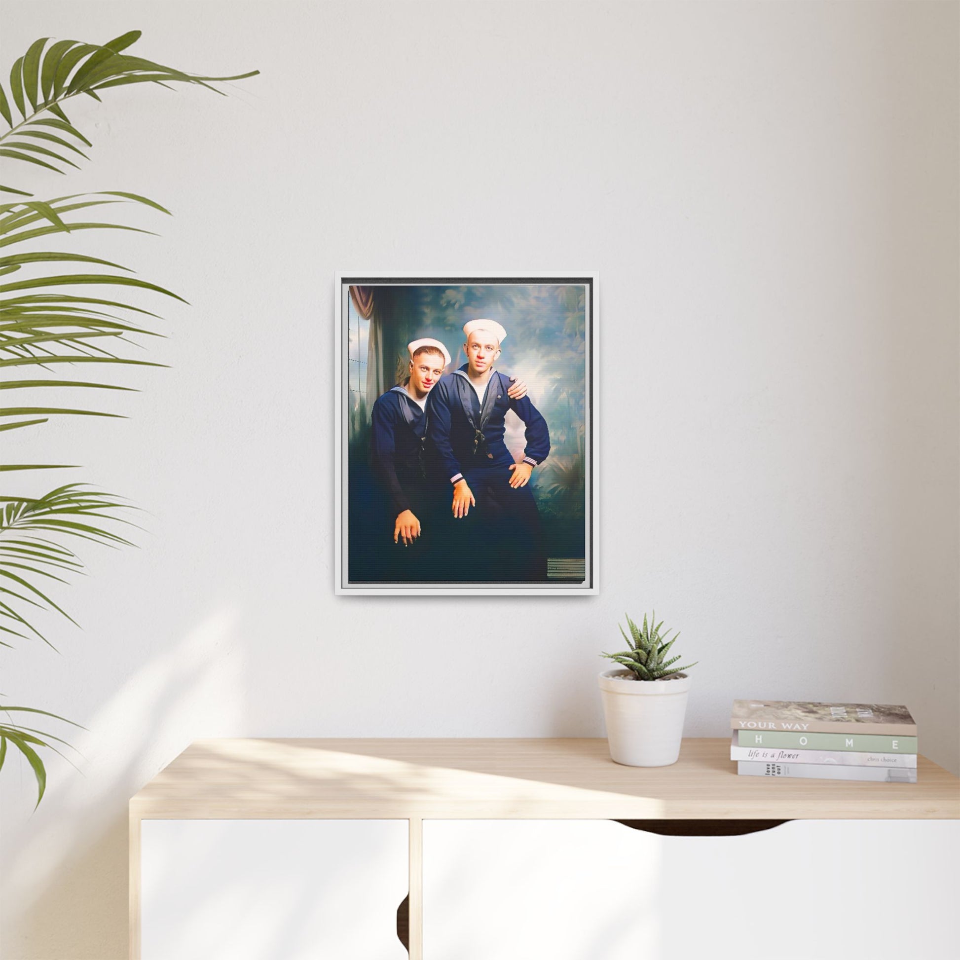 A restored vintage naval portrait of Thomas & Ervin at Naval Station Newport, Rhode Island. This framed matte canvas honors LGBTQ+ history, military service, and timeless camaraderie. Gay Couple
