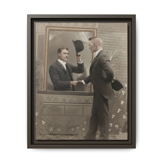 Historical staged portrait showing one man in a framed window motif greeting another man in a suit