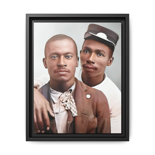 A restored vintage portrait of Willie & Louis at Metro-North Railroad in Harlem, New York. This framed matte canvas celebrates LGBTQ+ history, African American heritage, and timeless love. Gay Couple