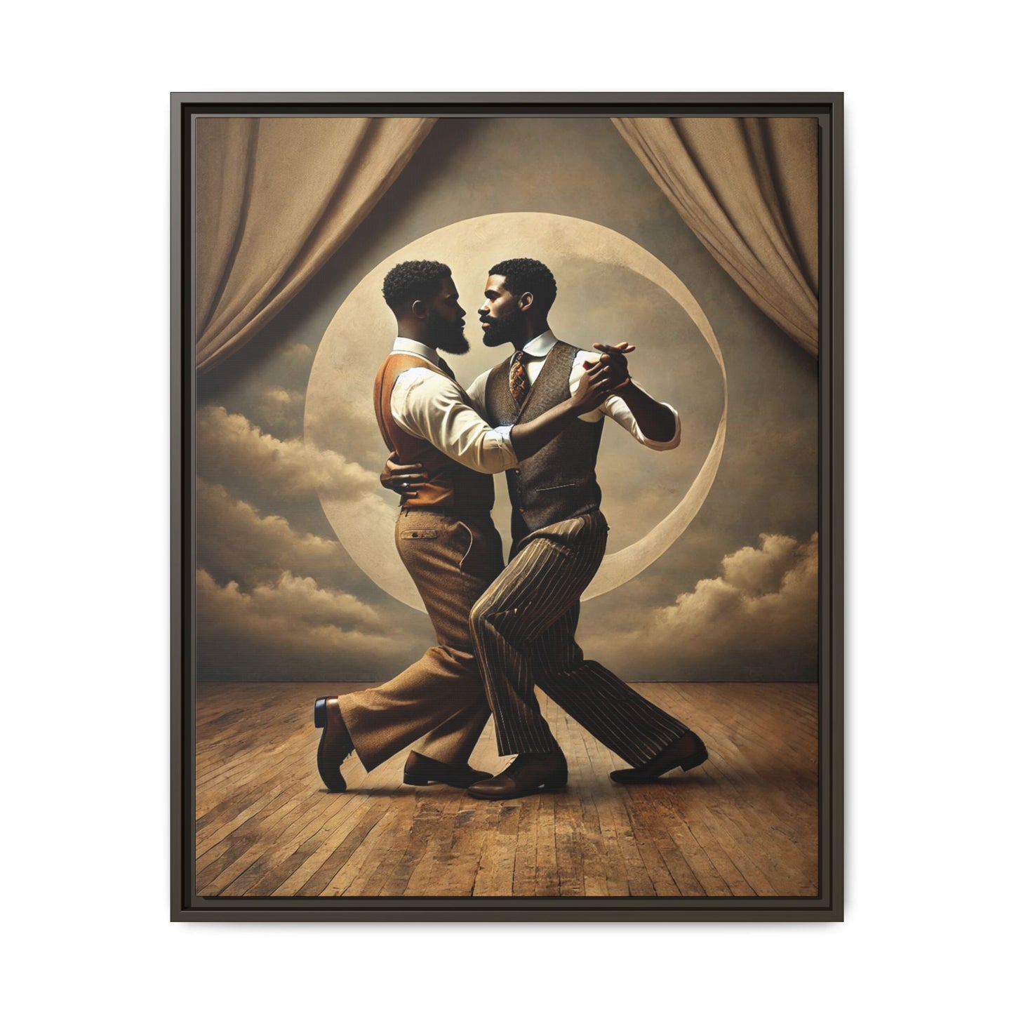 Original artwork of two Black men ballroom dancing in vintage 1920s suits under a glowing moon backdrop. A romantic and powerful tribute to queer love and Black history that reclaims moments lost to systemic bias and cultural erasure.
