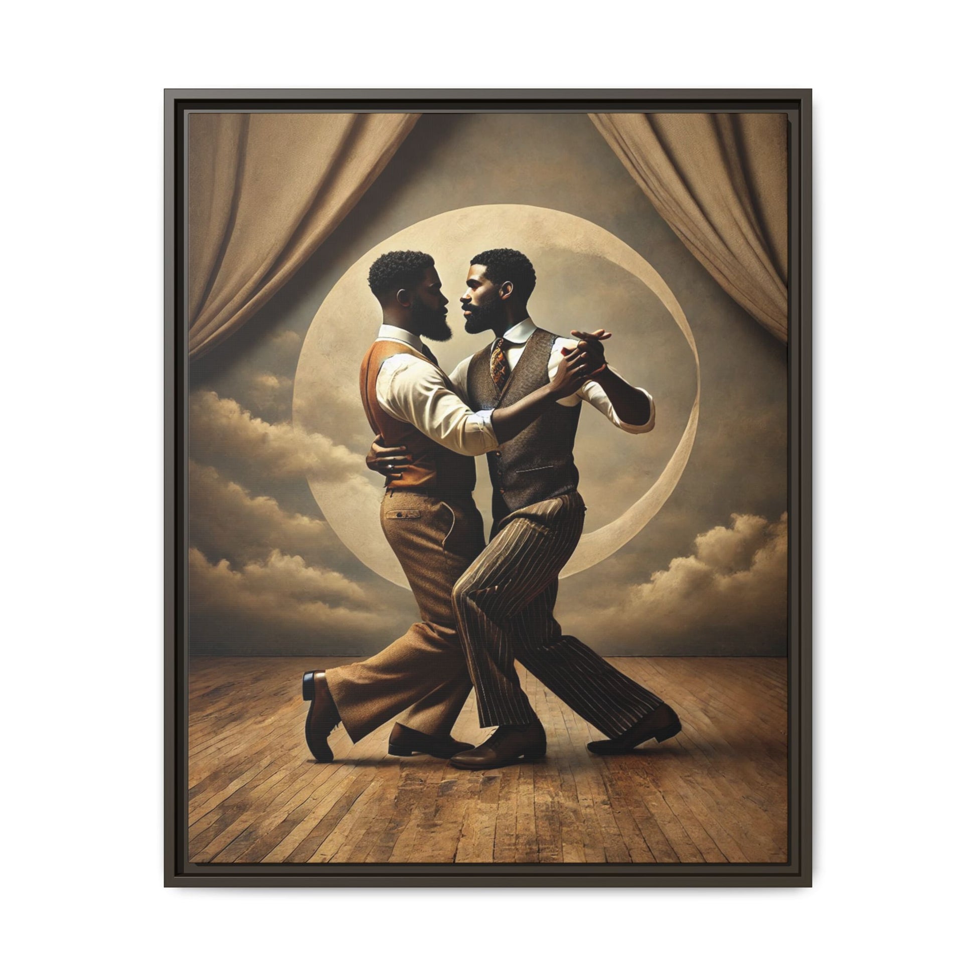 Original artwork of two Black men ballroom dancing in vintage 1920s suits under a glowing moon backdrop. A romantic and powerful tribute to queer love and Black history that reclaims moments lost to systemic bias and cultural erasure.