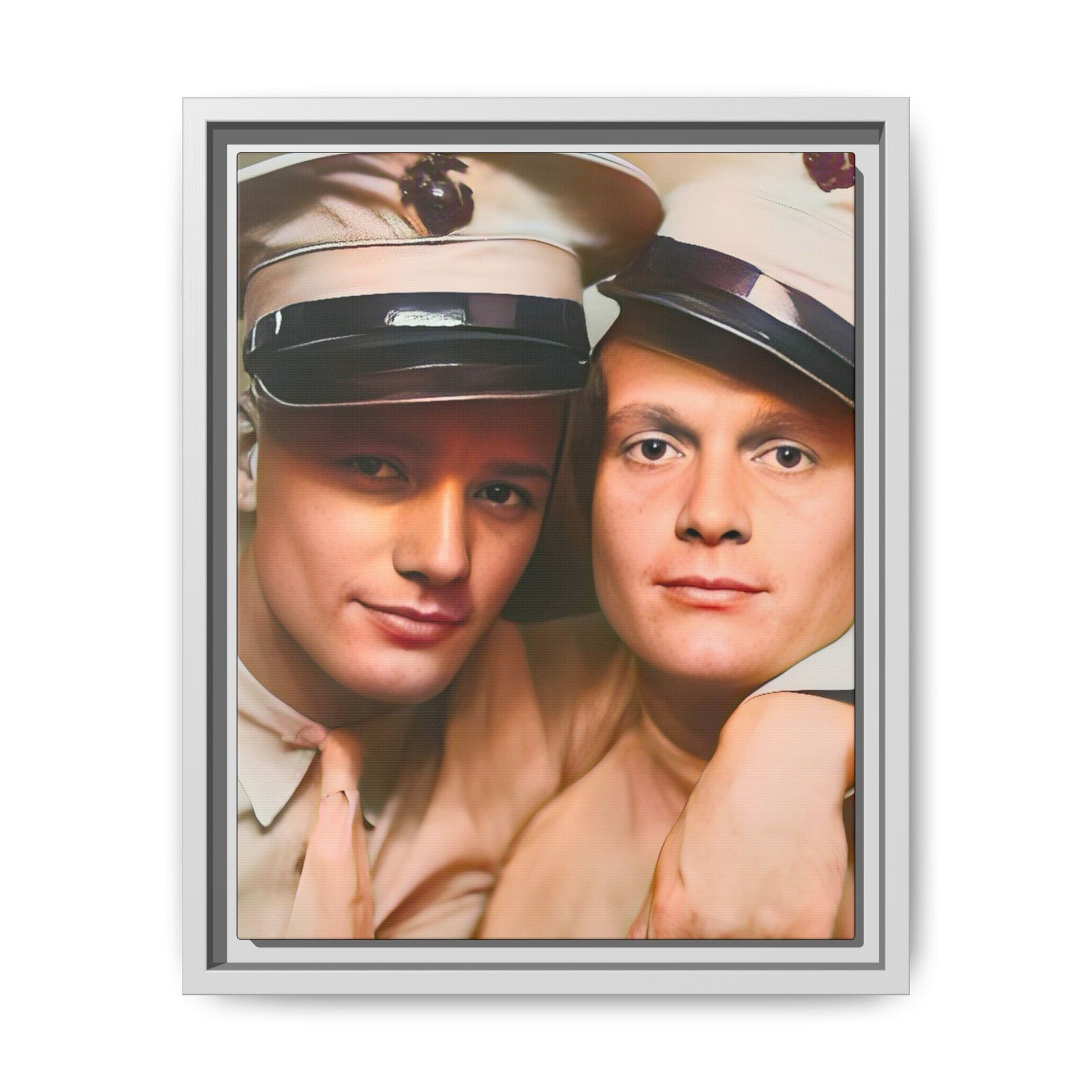 Restored vintage photograph of Paul and Ralph, an early 20th-century LGBTQ+ military couple from Camp Atterbury, Indiana. Framed matte canvas print celebrating love, courage, and LGBTQ+ history. Gay Couple Photo Booth