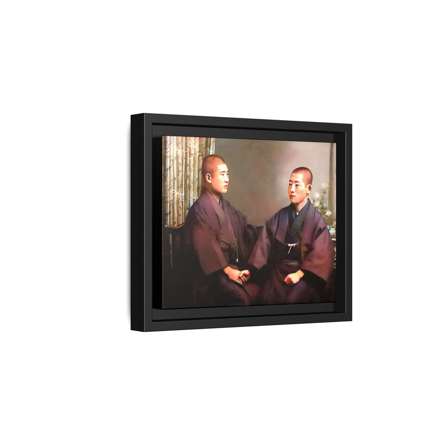 A vintage portrait of Hiroto & Atsushi in Kyoto, Japan. This framed matte canvas celebrates LGBTQ+ love, cultural heritage, and timeless elegance, making it a unique and meaningful art piece for collectors and history enthusiasts. Gay Couple