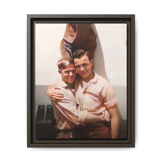 A framed vintage WWII-era portrait on matte canvas featuring Walter and Paul at Camp Shanks, NY, capturing love and resilience during wartime. Gay Couple