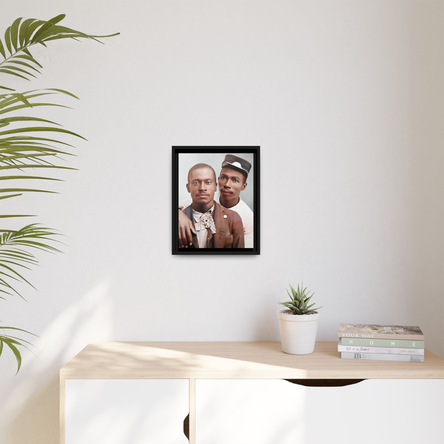 A restored vintage portrait of Willie & Louis at Metro-North Railroad in Harlem, New York. This framed matte canvas celebrates LGBTQ+ history, African American heritage, and timeless love. Gay Couple