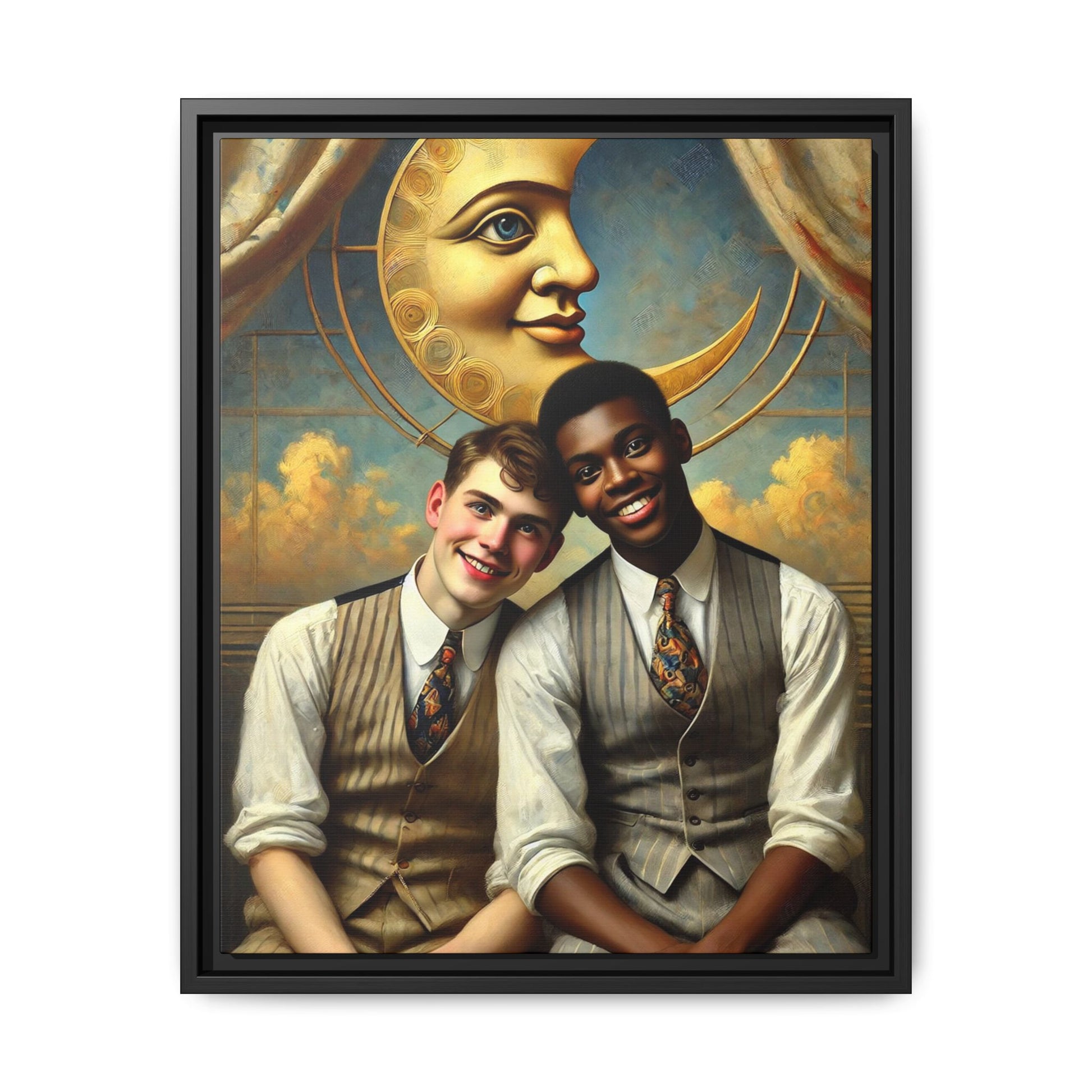 A vintage-style artwork showing a young interracial gay couple in 1920s attire sitting beneath a golden crescent moon with a serene expression. Their joyful closeness reclaims erased queer history and reflects the beauty of interracial love through a lens of tenderness and celebration.