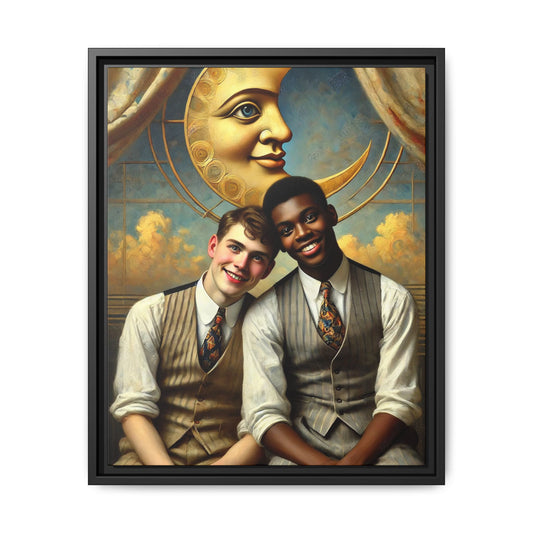 A vintage-style artwork showing a young interracial gay couple in 1920s attire sitting beneath a golden crescent moon with a serene expression. Their joyful closeness reclaims erased queer history and reflects the beauty of interracial love through a lens of tenderness and celebration.