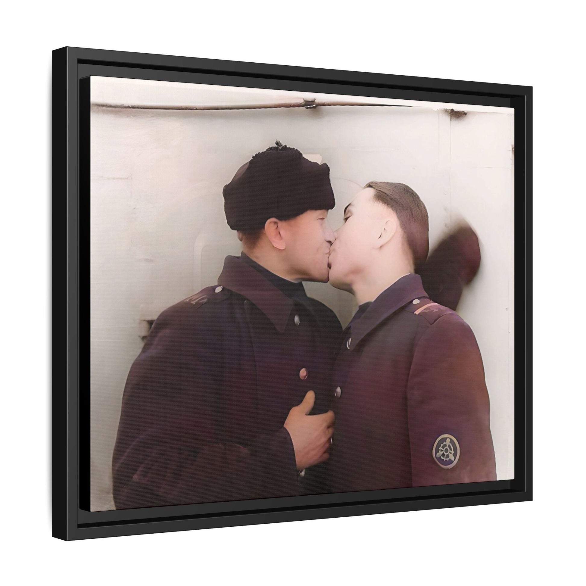 A restored vintage photograph of two Russian soldiers in uniform sharing an intimate moment at a military outpost in Surgut, Russia. Their embrace reflects resilience, love, and defiance against societal norms, making this a powerful tribute to LGBTQ+ history and wartime romance. Винтажное фото | гей-пара