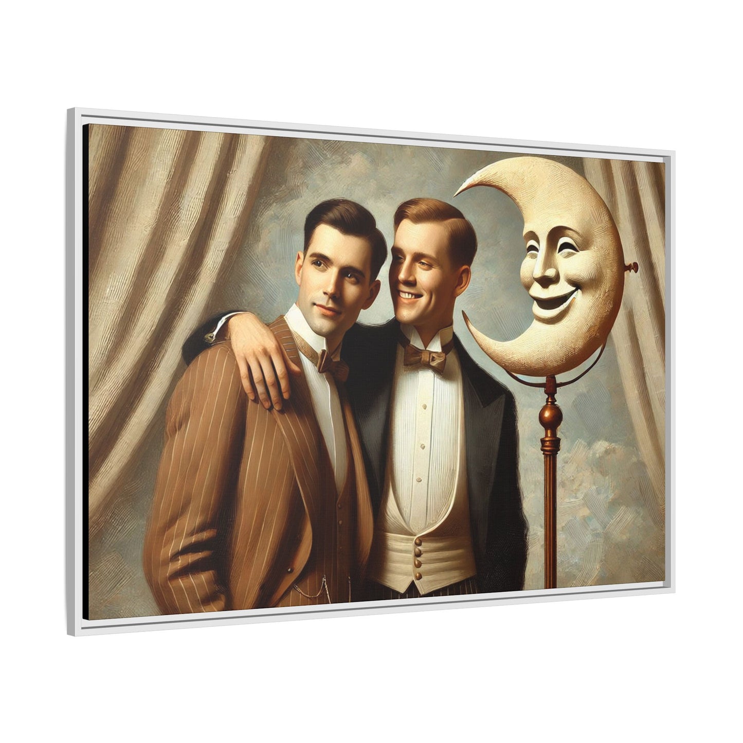 Framed matte canvas artwork of two men in vintage tuxedos standing beside a crescent moon prop. This piece reclaims LGBTQ+ representation lost to bias and honors everyday moments of affection and connection once absent from historical archives.