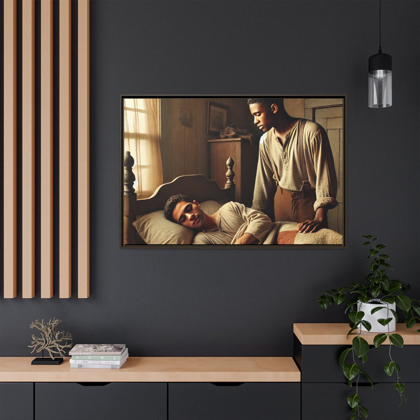 Grant 007 artwork depicting an African-American queer couple in a tender, intimate moment within a rustic bedroom. This scene, bathed in warm, nostalgic light, captures the love and quiet resilience of rural life, celebrating LGBTQ+ representation and African-American heritage.