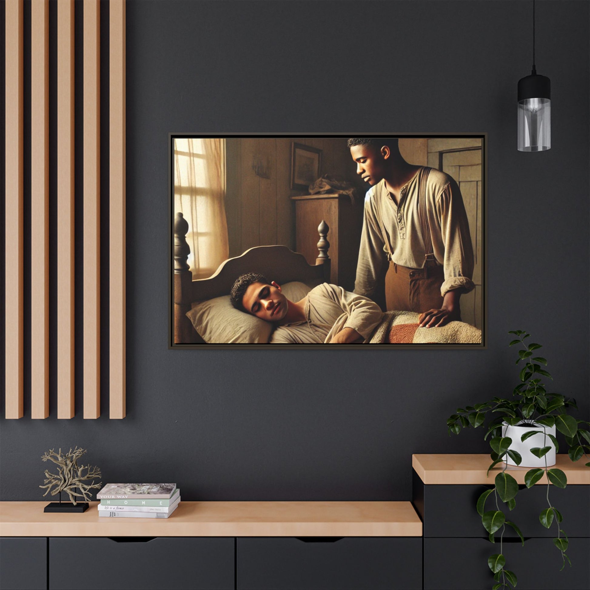 Grant 007 artwork depicting an African-American queer couple in a tender, intimate moment within a rustic bedroom. This scene, bathed in warm, nostalgic light, captures the love and quiet resilience of rural life, celebrating LGBTQ+ representation and African-American heritage.