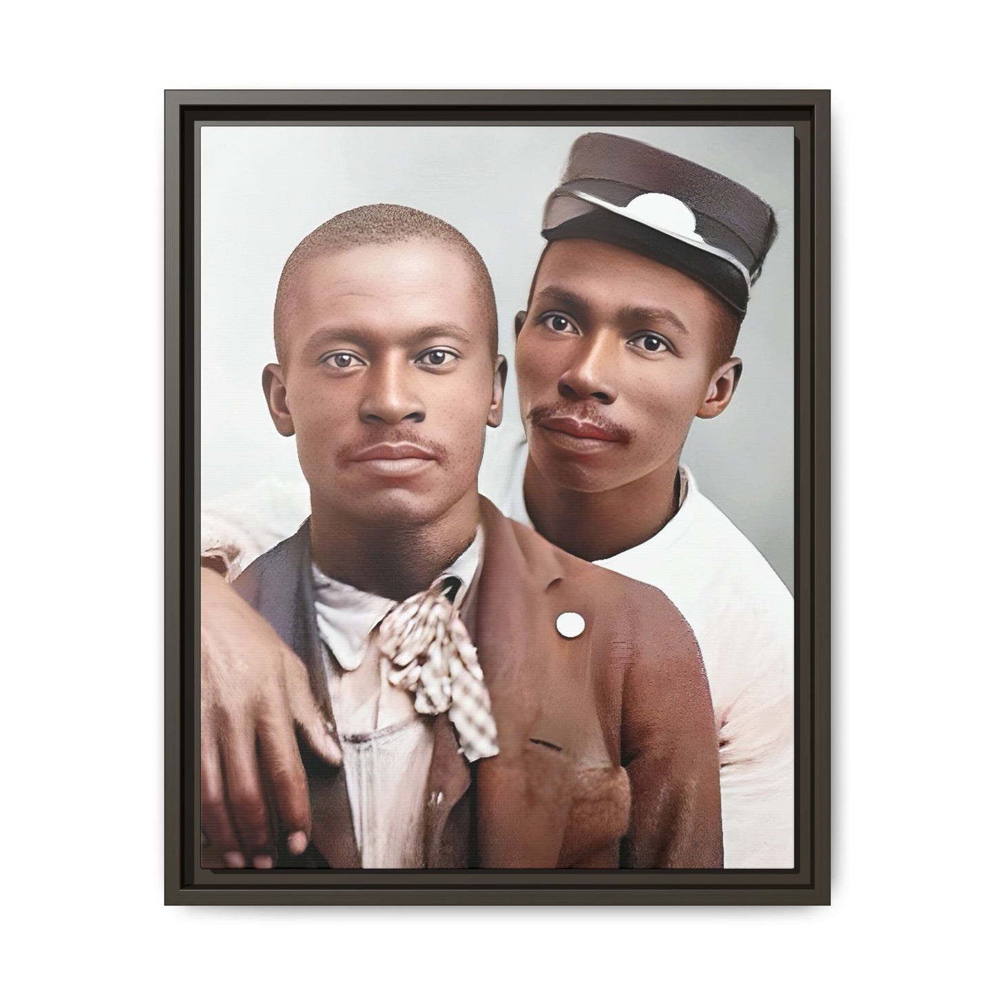 A restored vintage portrait of Willie & Louis at Metro-North Railroad in Harlem, New York. This framed matte canvas celebrates LGBTQ+ history, African American heritage, and timeless love. Gay Couple