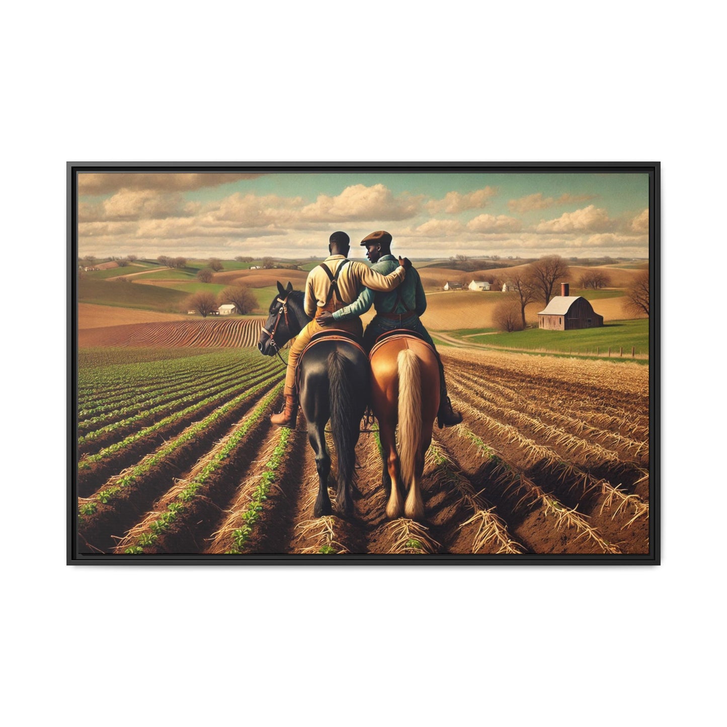 Artwork of an African-American gay couple riding horseback through expansive farmland, sharing a tender moment as they overlook lush fields. Dressed in rugged vintage attire, this scene captures resilience, love, and the charm of rural life, celebrating LGBTQ+ history and African-American heritage.