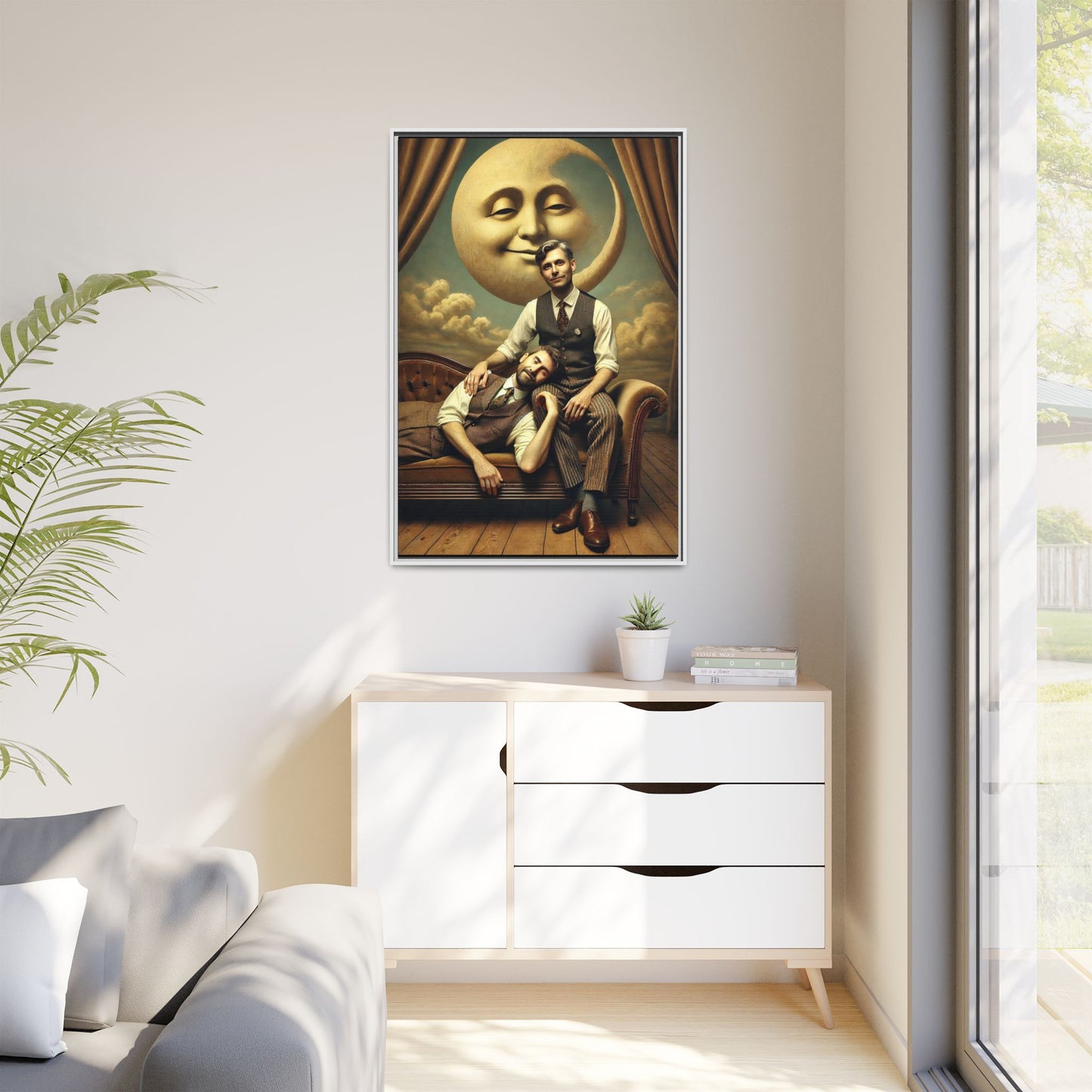 Vintage-style artwork of two men in 1920s clothing sitting close, one resting his head on the other’s lap beneath a smiling moon. Surrounded by theatrical curtains and clouds, this original piece honors lost queer love and challenges historical erasure with tenderness and pride.