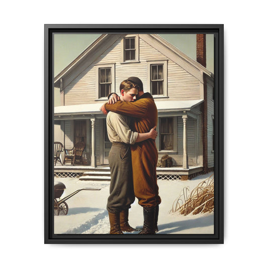 Artwork of a tender moment between a gay couple embracing outside a farmhouse in a snowy, rural landscape. Dressed in vintage attire, the two men find warmth and comfort in each other’s arms, capturing love and connection in a serene, Americana winter setting