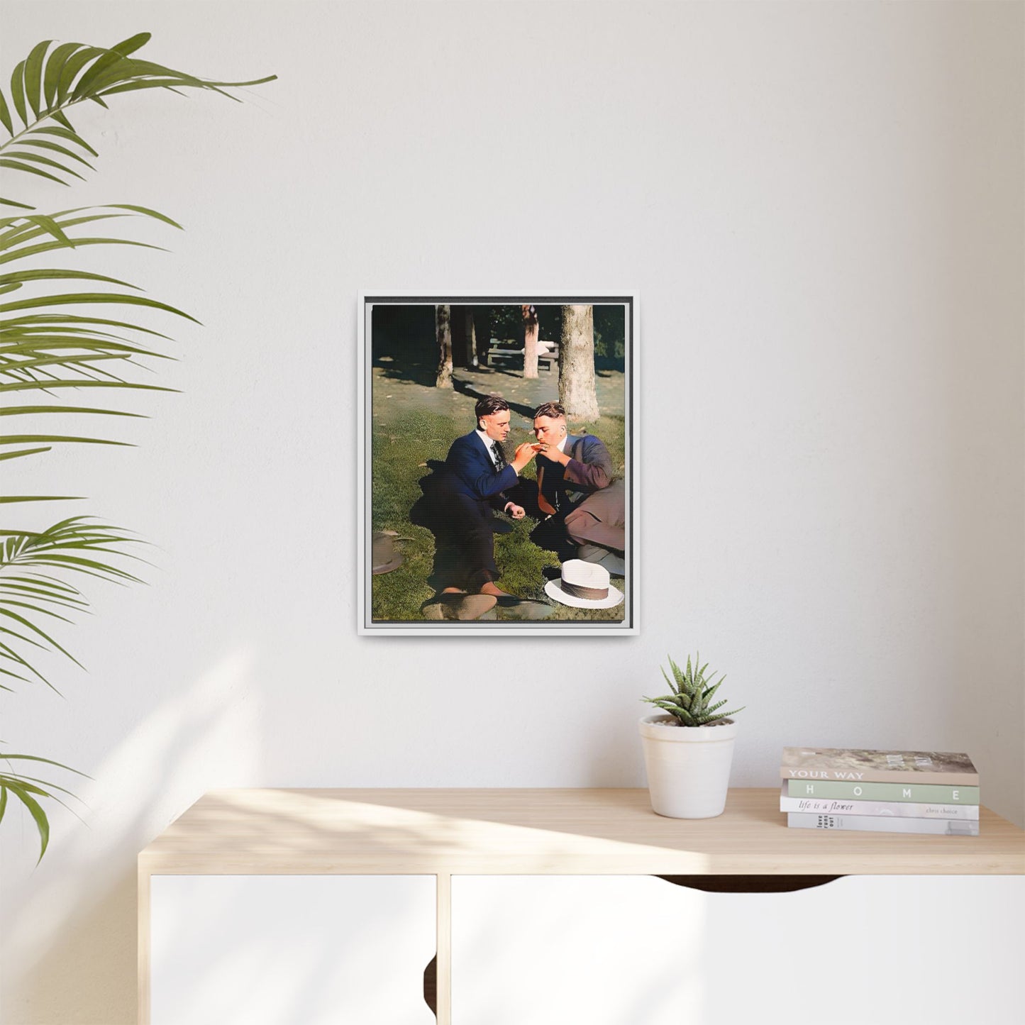 A framed vintage portrait on matte canvas featuring Oscar and Iván in Central Park, Manhattan, capturing timeless love and 1920s elegance. Gay Couple Queer History