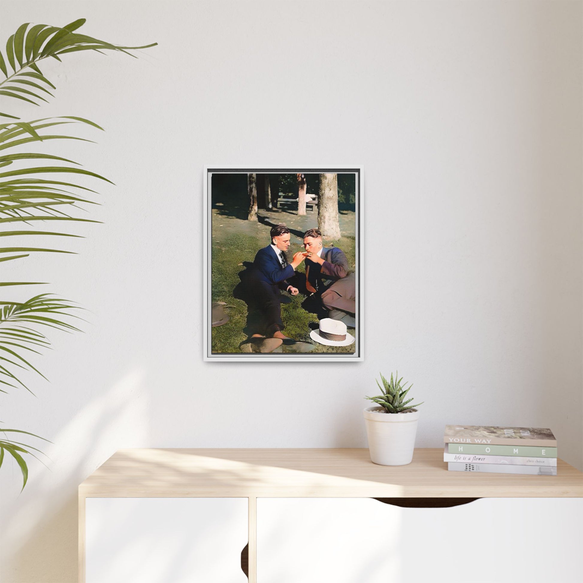 A framed vintage portrait on matte canvas featuring Oscar and Iván in Central Park, Manhattan, capturing timeless love and 1920s elegance. Gay Couple Queer History