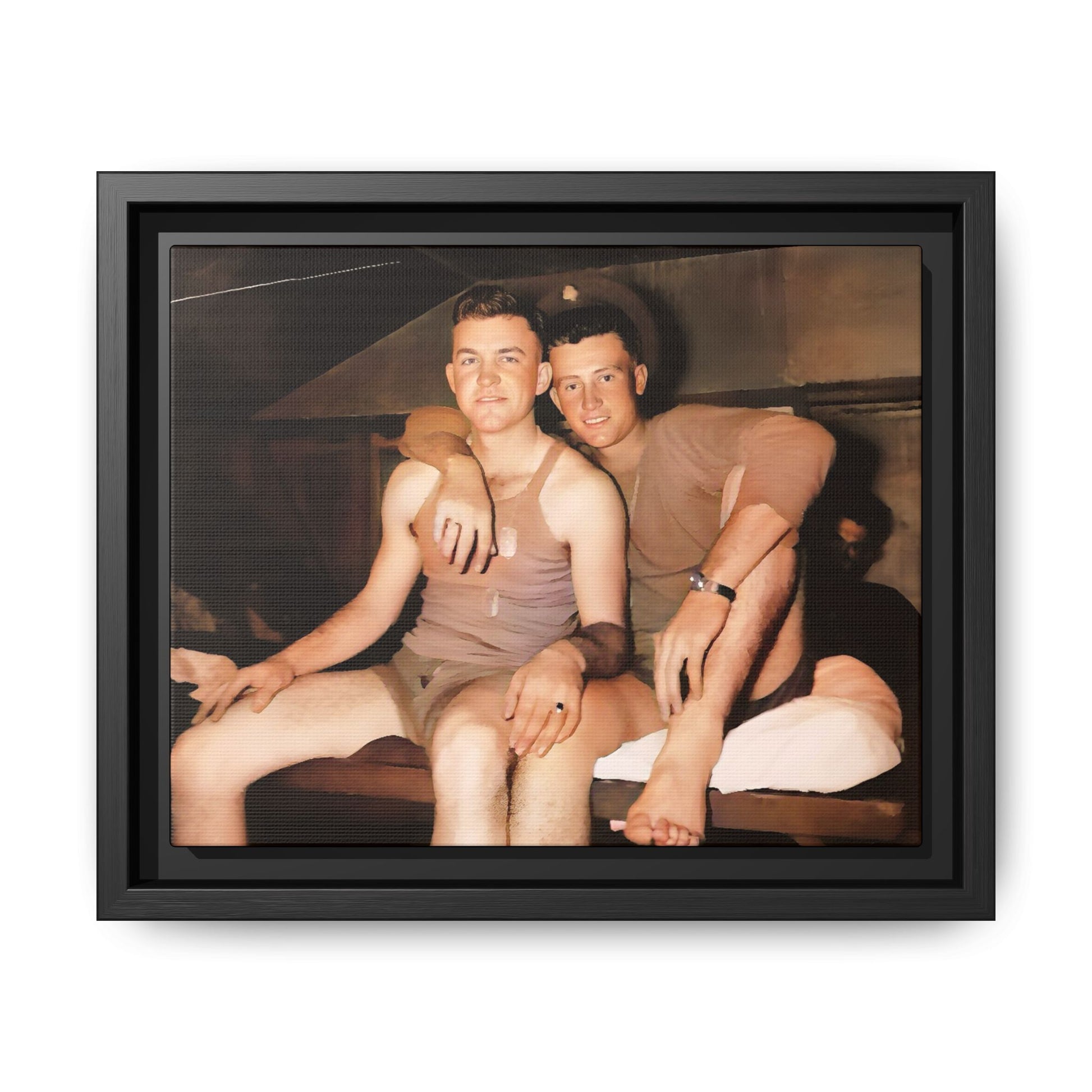 Barracks, Oahu. This framed canvas print honors LGBTQ+ history, military camaraderie, and timeless love, making it a unique and meaningful piece for collectors and history enthusiasts.